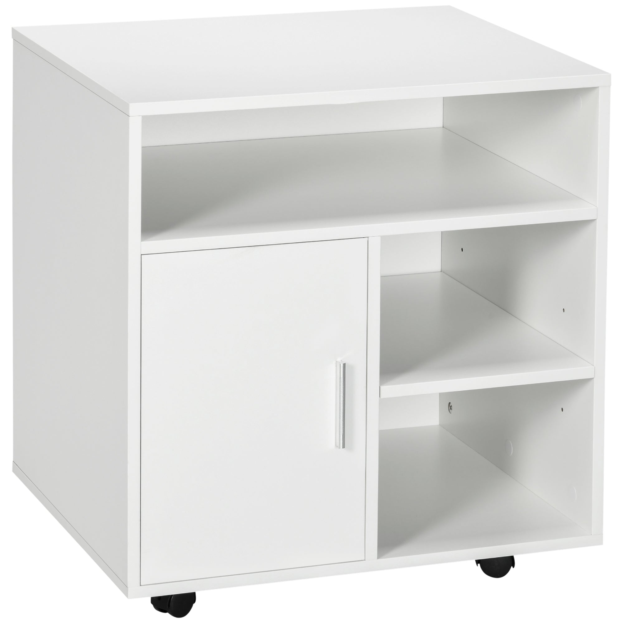 HOMCOM Multi-Storage Printer Stand Unit Office Desk Side Mobile Storage w/ Wheels Modern Style 60L x 50W x 65.5H cm - White 
