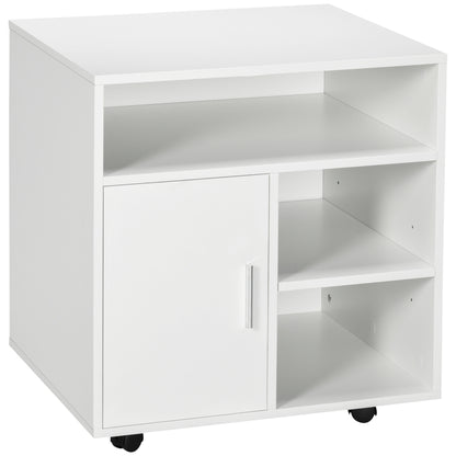 HOMCOM Multi-Storage Printer Stand Unit Office Desk Side Mobile Storage w/ Wheels Modern Style 60L x 50W x 65.5H cm - White 