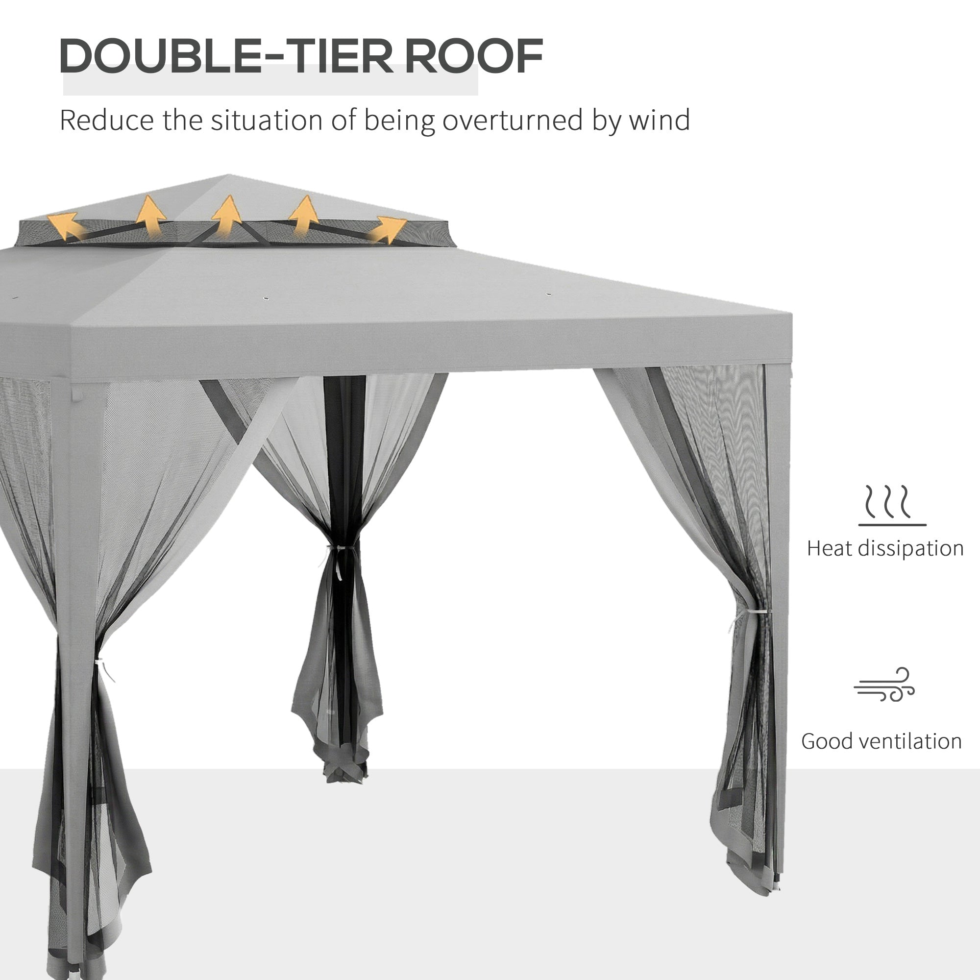 Outsunny 3 x 3 m Gazebo, Netting Party Tent, Patio Canopy Outdoor Event Shelter with Double Tier Roof, Light Grey 