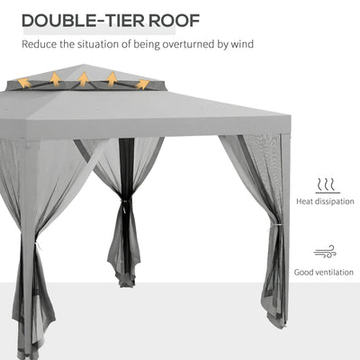 Outsunny 3 x 3 m Gazebo, Netting Party Tent, Patio Canopy Outdoor Event Shelter with Double Tier Roof, Light Grey 