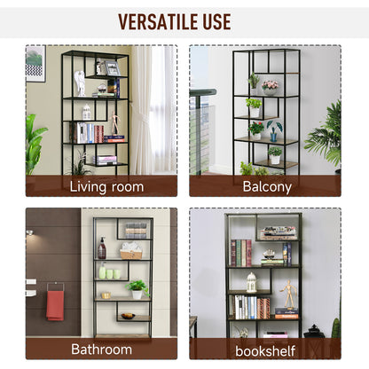 HOMCOM 6 Tier Bookcase, Industrial Tall Shelf Unit with Steel Frame for Home Office, Study, Living Room, Hallway, 82 x 33.5 x 175 cm, Rustic Brown and Black 