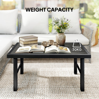Outsunny Metal Garden Coffee Table, Outdoor Side Table with SPC Woodgrain Tabletop for Outside, 100 x 52 x 46cm, Dark Grey 