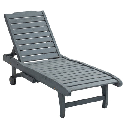 Outsunny Garden Patio Sun Lounger, Outdoor Wooden Sun Bed with Built-In Table, Reclining Backrest and Rolling Wheels for Sunbathing, Grey 