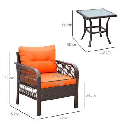 Outsunny 3 Pieces Rattan Bistro Set with Glass Top Coffee Table, Chairs and Cushions for Outdoor, Patio, Balcony, Orange 