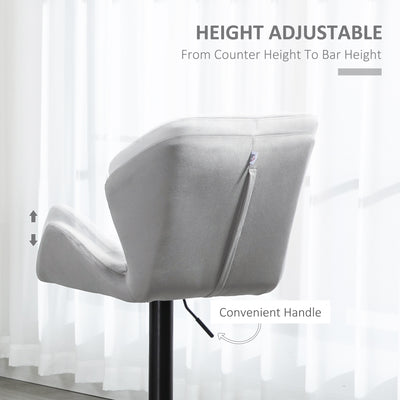 HOMCOM Bar Stools Set Of 2, Luxurious Velvet-Touch Barstools with Metal Frame Footrest Round Base Triangle Indenting Moulded Seat Adjustable Height Swivel Grey 