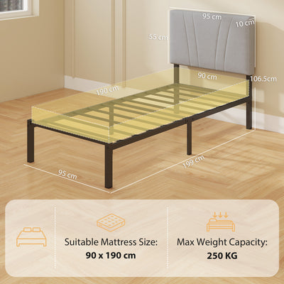 HOMCOM 3FT Single Bed Frame with Upholstered Headboard and Underbed Storage, Black and Light Grey