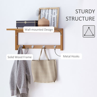 HOMCOM Wall Mounted Coat Clothes Hat Hanger 4 Hooks Rack Stand with Rail & Storage Shelf for Hallway Entryway Bedroom Bathroom 