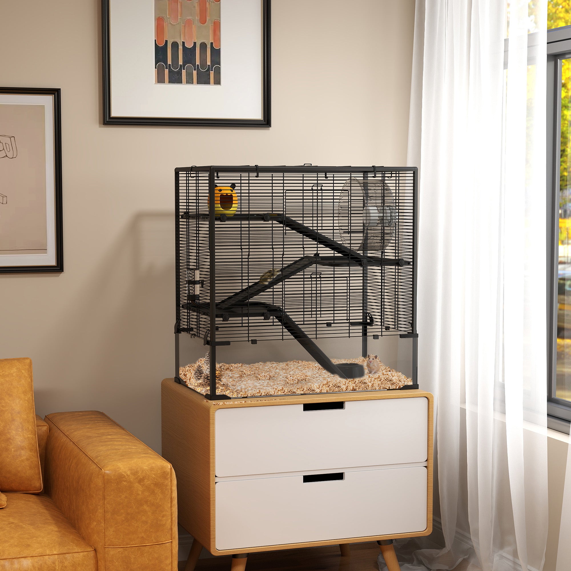 PawHut 4 Tiers Hamster Cage with Deep Tempered Glass Bottom, Hut, Running Wheel, Food Dish, Water Bottle, 78.5 x 48.5 x 80cm 