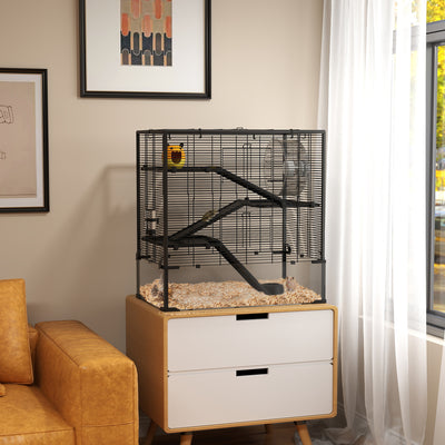 PawHut 4 Tiers Hamster Cage with Deep Tempered Glass Bottom, Hut, Running Wheel, Food Dish, Water Bottle, 78.5 x 48.5 x 80cm 