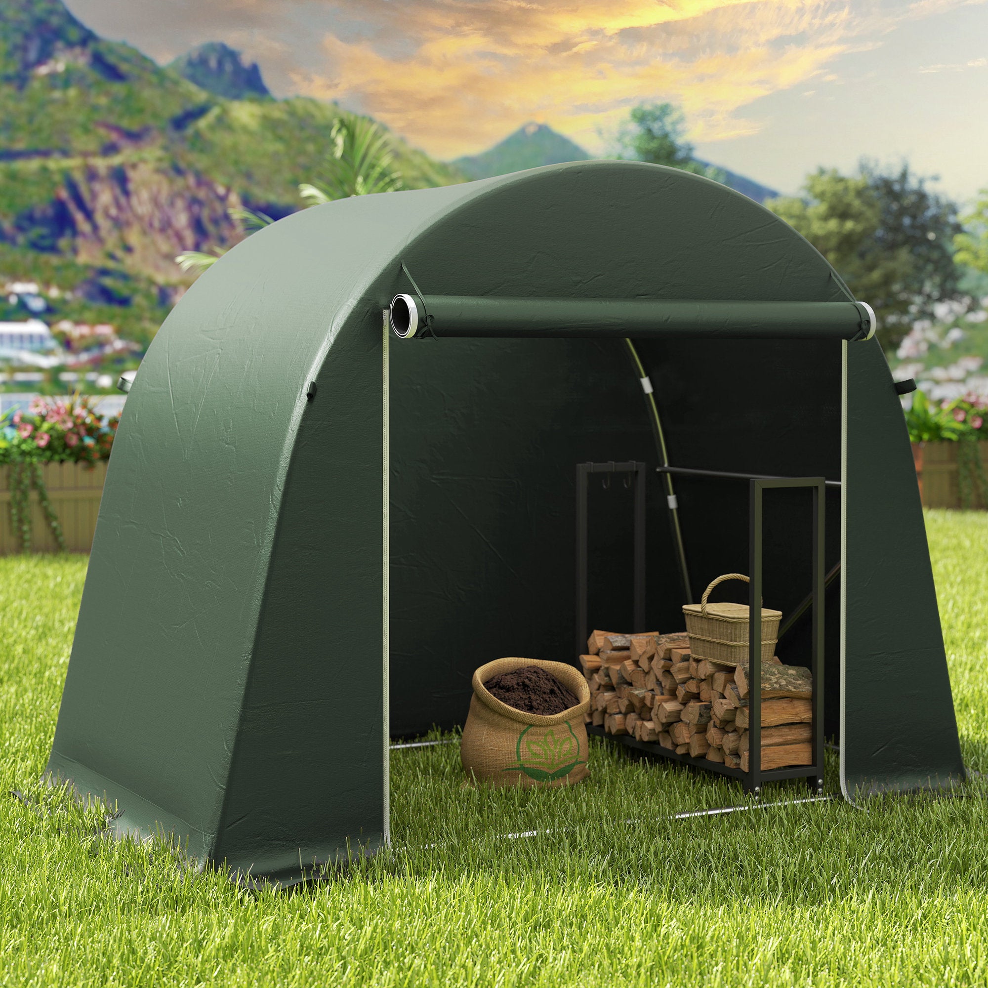 Outsunny 8 x 4 ft Garden Storage Tent, Waterproof Bike Tent with Roll-up Zipper Door and Galvanised Metal Frame, Green 