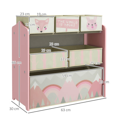 ZONEKIZ Kids Storage Unit, Toy Storage Organiser, with Six Fabric Bins, for Bedrooms, Playrooms, Nurseries - Pink 
