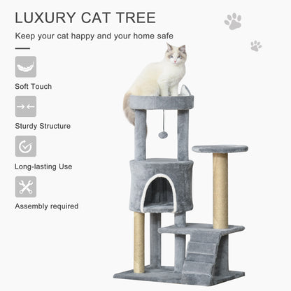 PawHut 100 cm Cat Tree, Cat Condo Tree Tower for Indoor Cats, Cat Activity Centre with Scratching Posts, Plush Perch, Ladder, Hanging Ball - Light Grey 