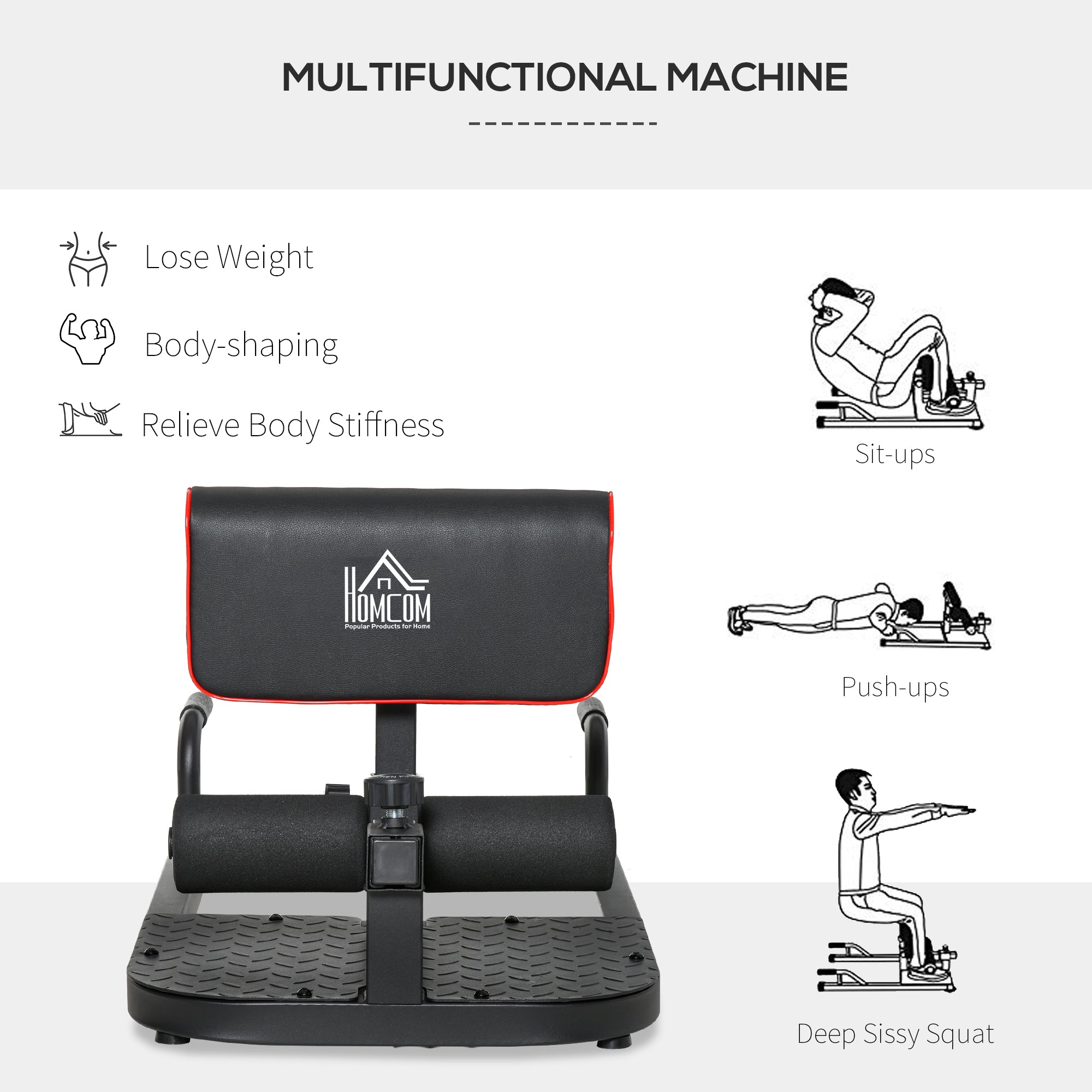 HOMCOM Squat Machine with Push Up Stand, Padded Hip Thrust Bench with Adjustable Cushion for Home Gym Work Out, Black 
