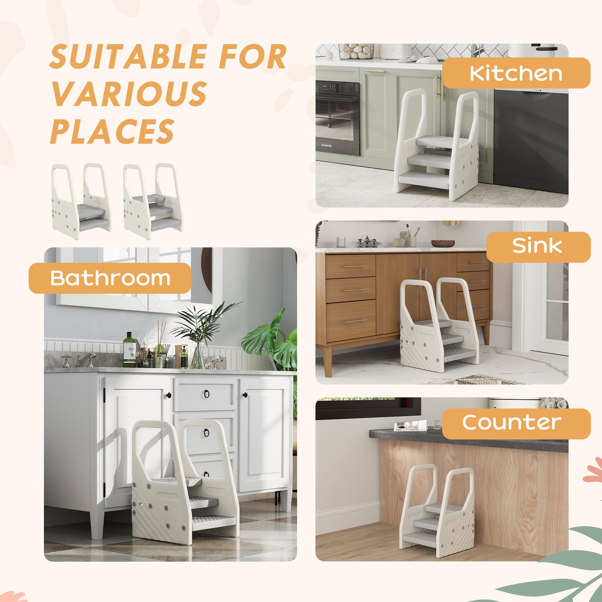 AIYAPLAY Adjustable 3 Step Toddler Tower with Handles, Non-slip Surface and Foot Pads, Grey