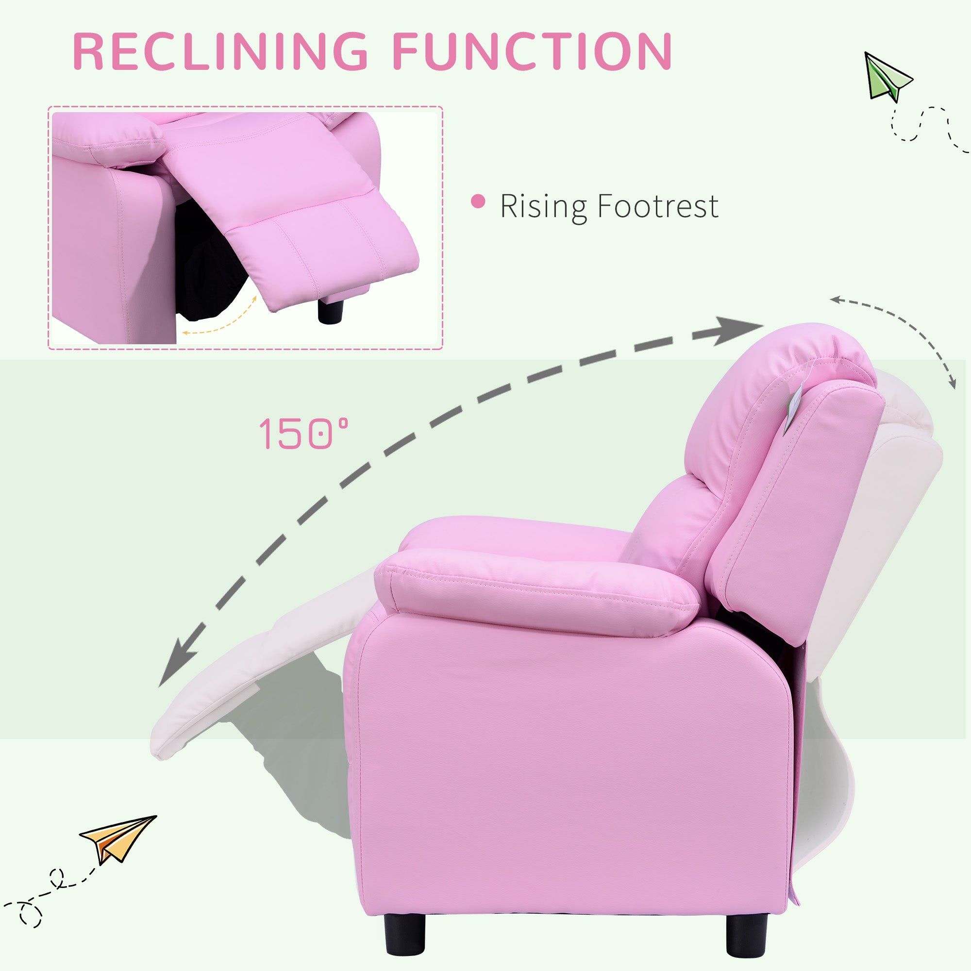 HOMCOM Kids Sofa Armchair Toddler Recliner Children's  Chair Lounger Games Chair  PU Leather w/ Storage  (Pink) 