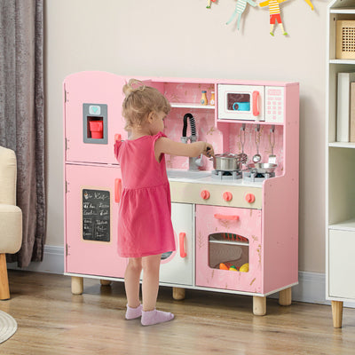 AIYAPLAY Play Kitchen, Kids Kitchen Set with Lights and Sounds, Double Stoves, Ice Maker, Chalkboard for 3+ Years - Pink 