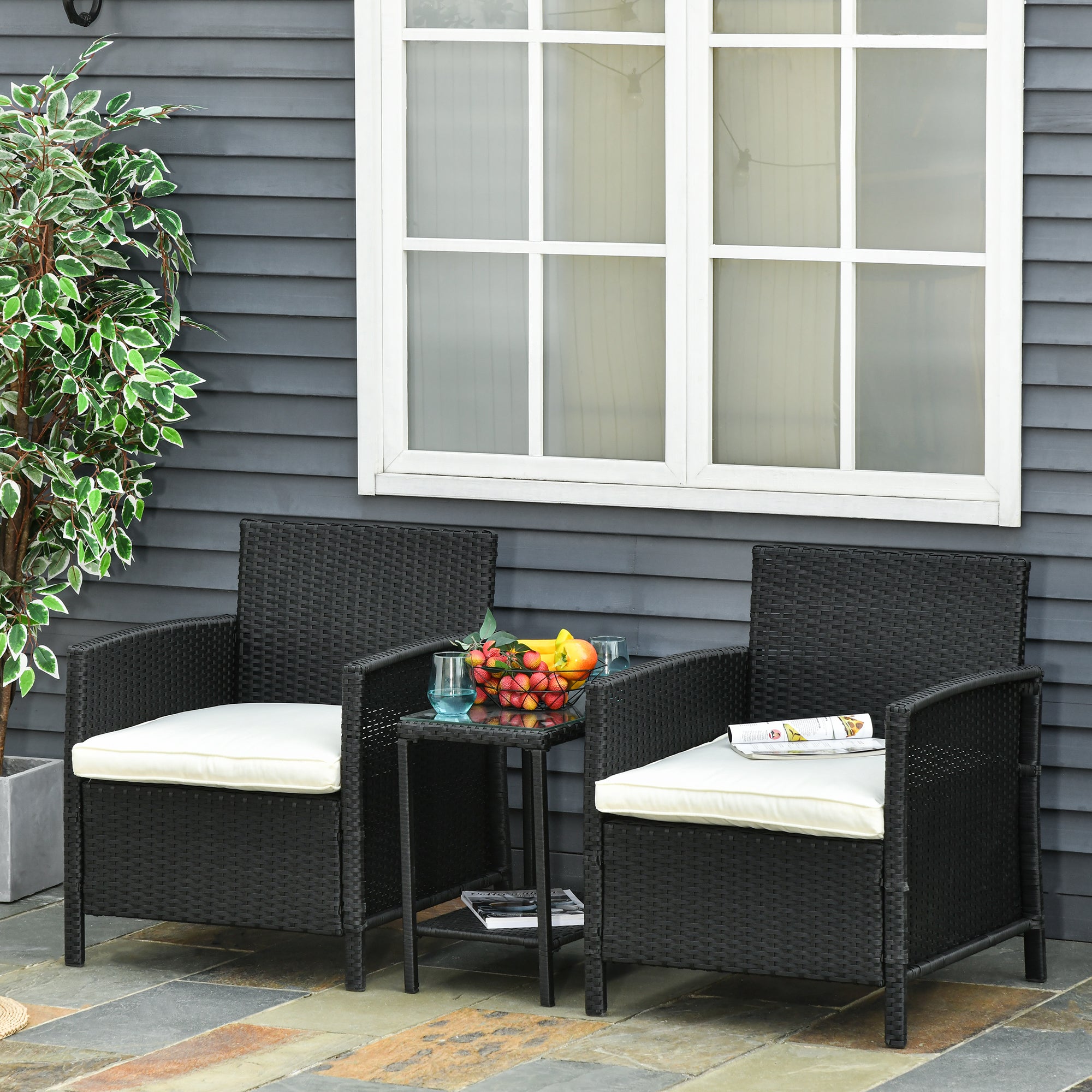 Outsunny 2-Seater PE Rattan Side Table & Armchair Bistro Set Jack and Jill Seat w/ Pillows Black 