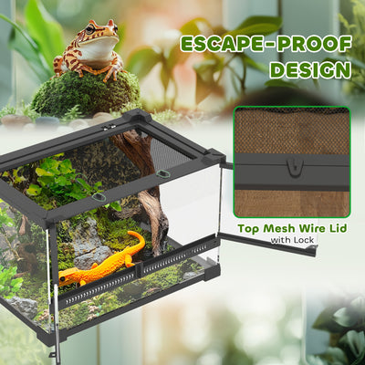 PawHut Reptile Glass Terrarium with Stone Background, Front Ventilation, Escape-Proof Knob Lock, 30 x 20 x 20 cm, Black 