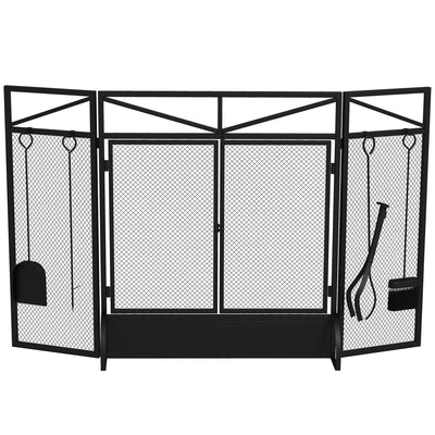 HOMCOM 3 Panel Folding Fire Guard Screen with Fireplace Tool Sets and Front Doors, Freestanding Fire Screen Spark Guard with Feet for Open Fire, Log Burner, Fireplace, 122 x77 cm, Black 
