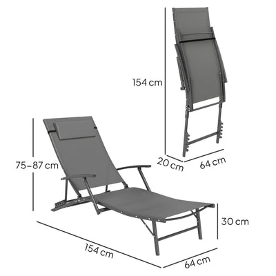 Outsunny Set of 2 Folding Sun Loungers for Garden, 4 Positions Adjustable Outdoor Chaise Lounge Chairs with Armrests, Pillows, Steel Frame, Sunbed Recliners for Patio, Beach and Poolside, Grey 