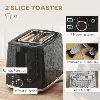 HOMCOM 1.7L 3000W Fast Boil Kettle & 2 Slice Toaster Set, Kettle and Toaster Set with Auto Shut Off, Browning Controls, Black 