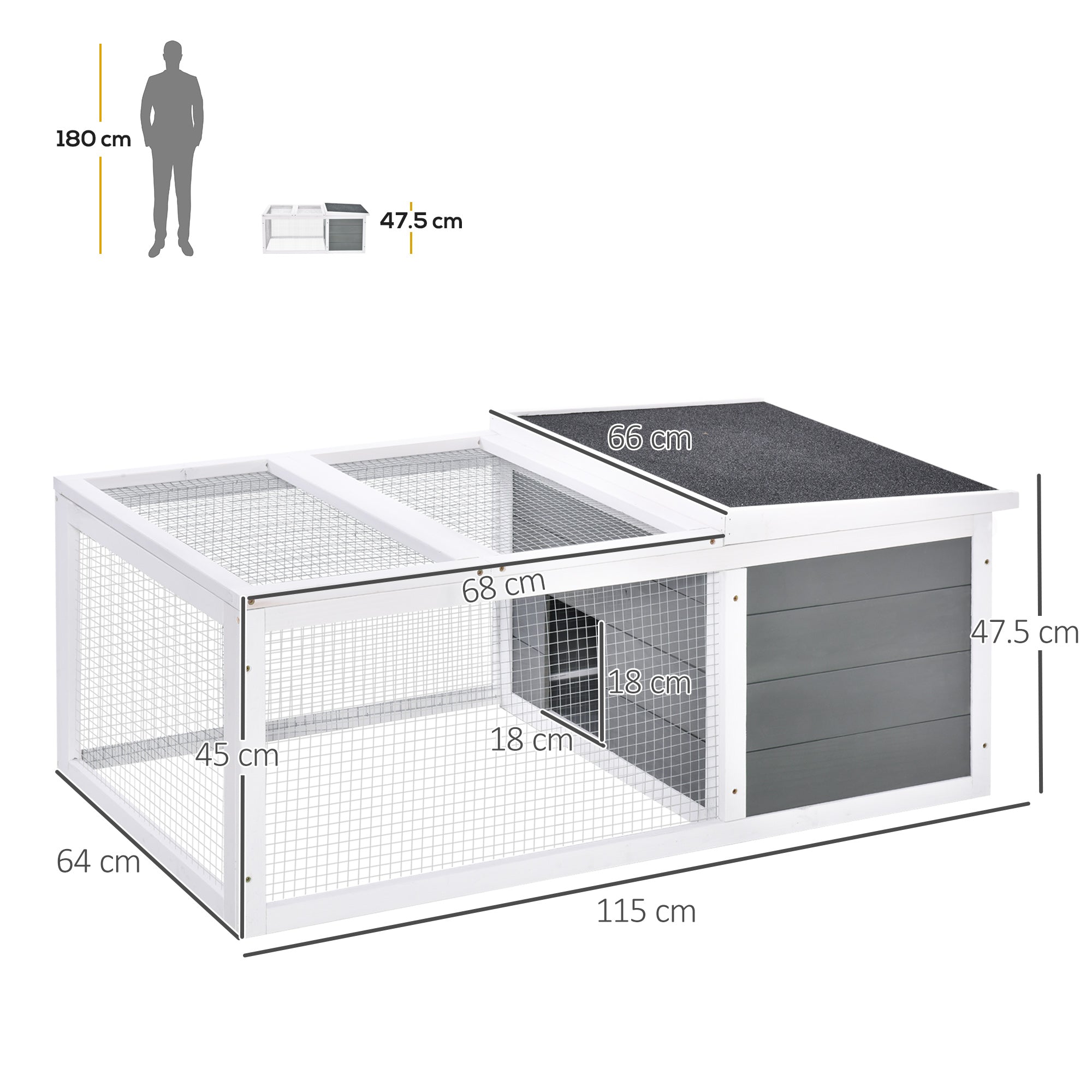 PawHut Rabbit Hutch Guinea Pig Hutch Wooden Small Animal Cage Rabbit Run Duck House with Openable Roof for Indoor Outdoor 115 x 66 x 47.5 cm 