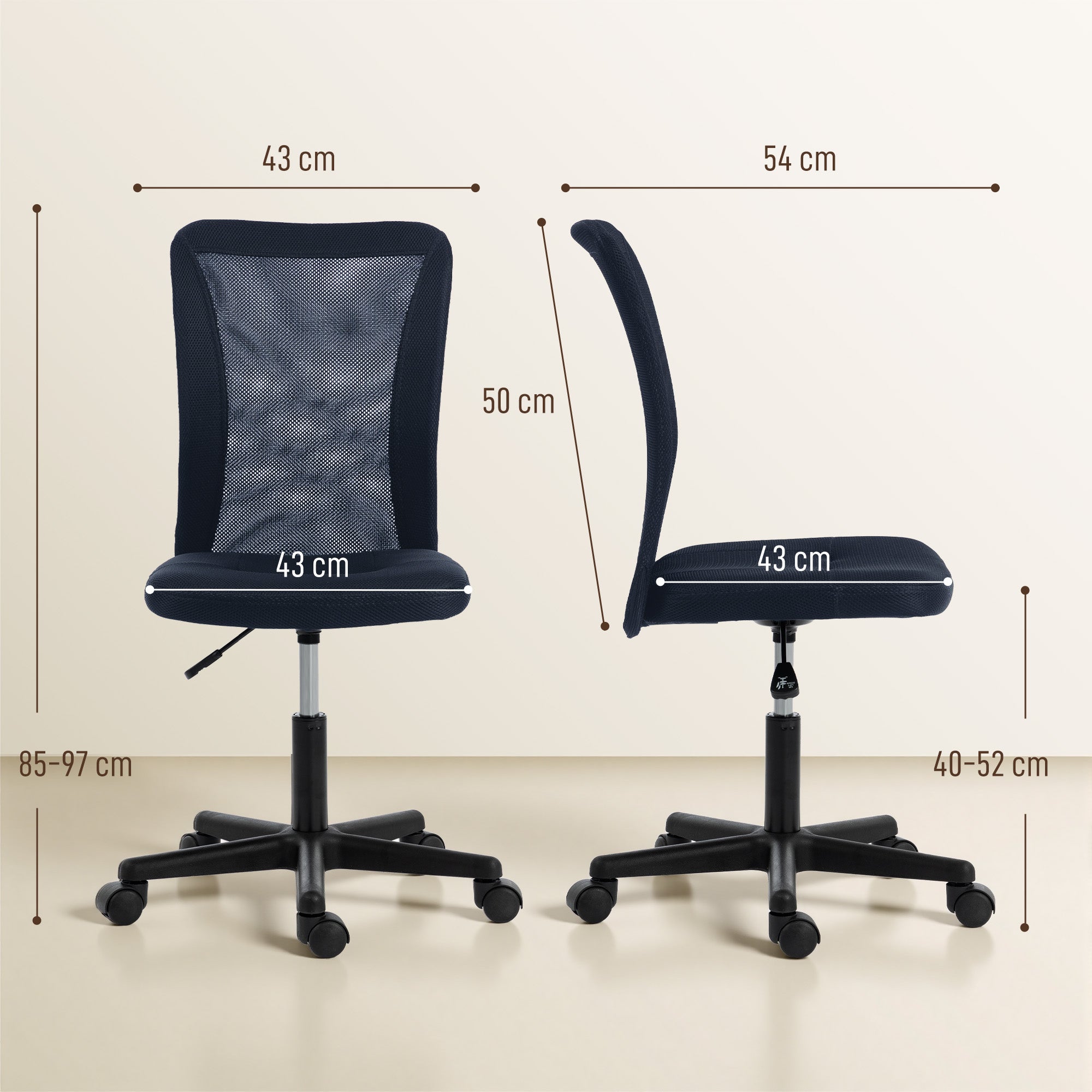 Vinsetto Computer Desk Chair, Mesh Office Chair with Adjustable Height and Swivel Wheels, Armless Study Chair, Dark Grey 