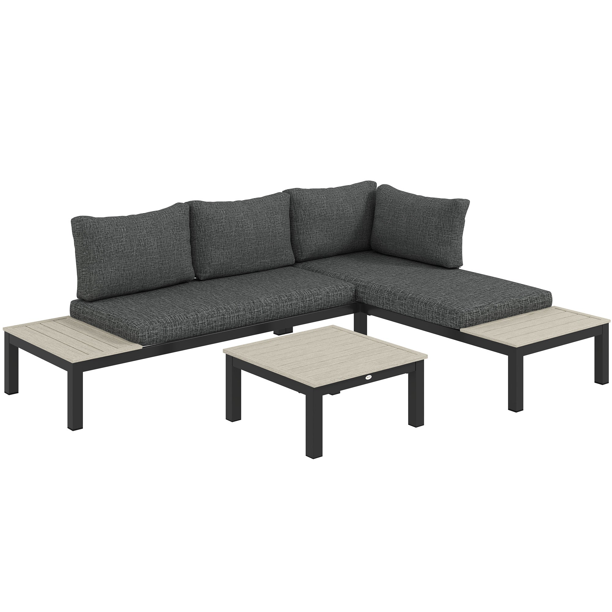 Outsunny 3 Pieces Garden Furniture Set, Aluminium 4 Seater Corner Sofa Set with 2 Loveseats, Coffee Table and Side Trays, Outdoor Conversation Furniture with Cushions for Garden, Dark Grey 
