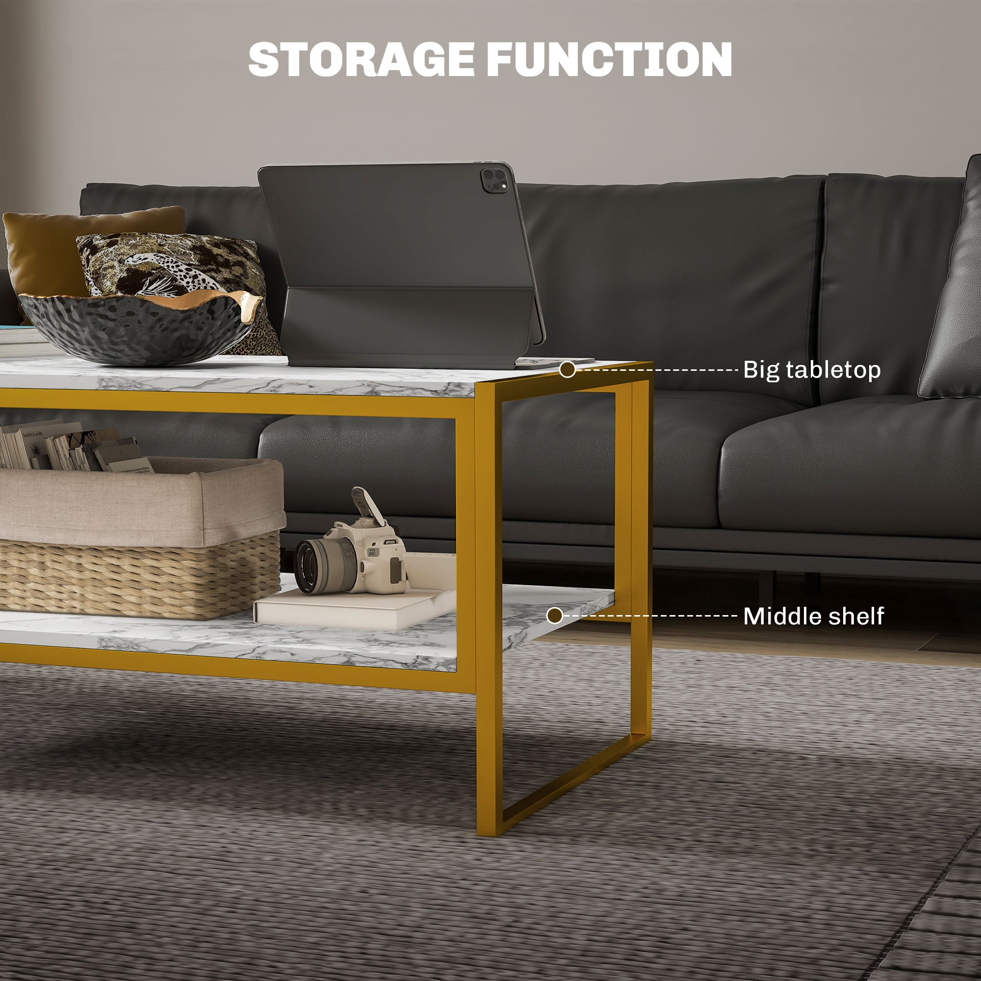 HOMCOM Coffee Table, Two-Tier Marble Centre Table with Metal Frame and Storage Shelf for Living Room, 106 x 50 x 45cm, White 