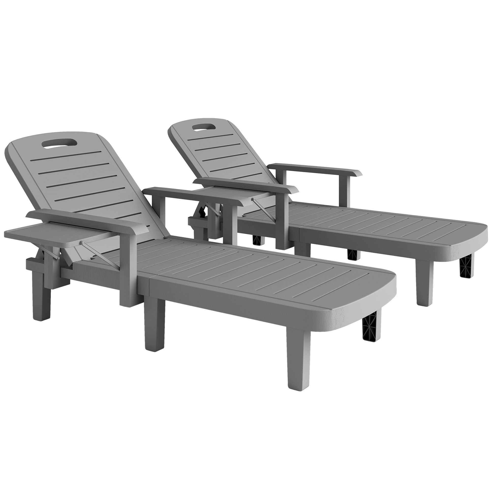 Outsunny Set of 2 Resin Reclining Sun Loungers for Garden, 5 Positions Adjustable Outdoor Chaise Lounge Chairs with Wood Texture Surface, Armrests, Foldable Side Table for Garden, Beach, Dark Grey 
