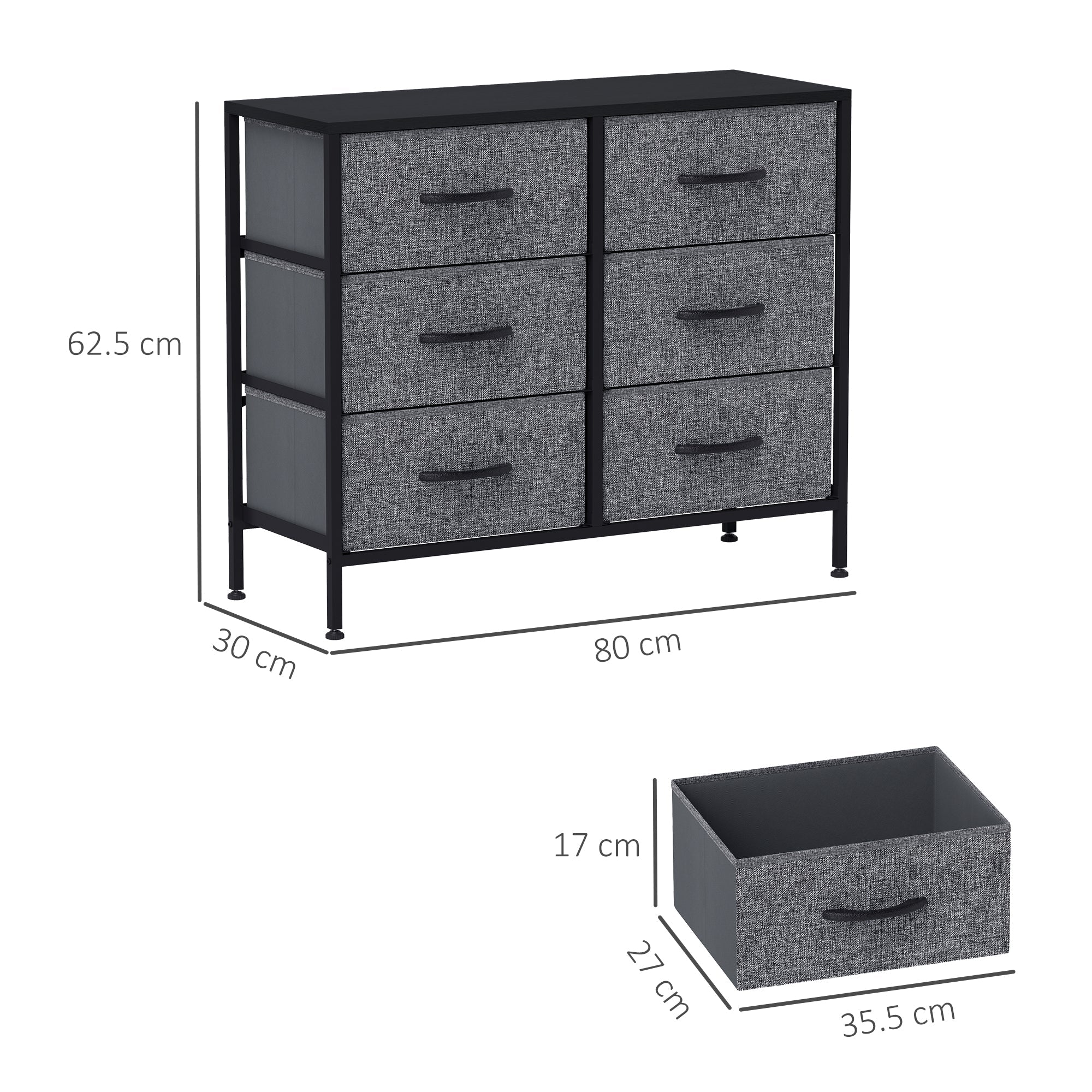 HOMCOM Fabric Chest of Drawers, Storage Drawers, Industrial Bedroom Dresser with 6 Fabric Drawers, Steel Frame and Wooden Top for Nursery, Living Room, Hallway, Black 