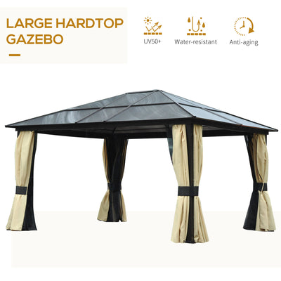 Outsunny 3.6 x 4m Hardtop Gazebo Canopy with Polycarbonate Roof and Aluminium Frame, Garden Pavilion with Mosquito Netting and Curtains 