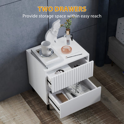 HOMCOM Simple Line Indented Two-Drawer Bedside Table - White 