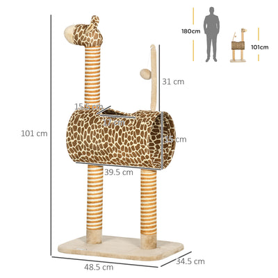 PawHut Giraffe-Designed Cat Tree, with Scratching Posts, Cat Tunnel, Toy Ball - Beige 