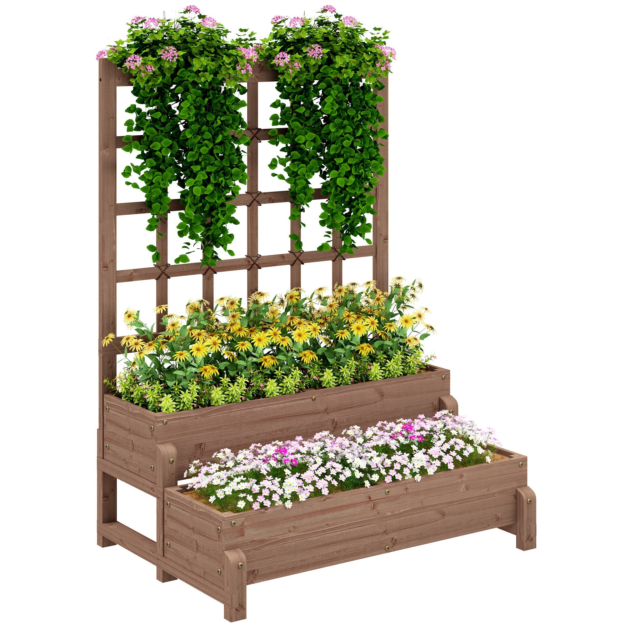 Outsunny 2-Tier Raised Garden Bed with Trellis, Wooden Elevated Planter Box with Drainage Holes, Outdoor Raised Planter for Climbing Plants, Fruits, Vegetables, Flowers, Brown 