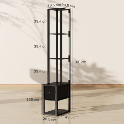 HOMCOM Floor Lamp with Shelves, LED Column Modern Standing Lamp with Fabric Drawer, Adjustable Brightness, Foot Switch for Living Room, Bedroom, Office, Black 