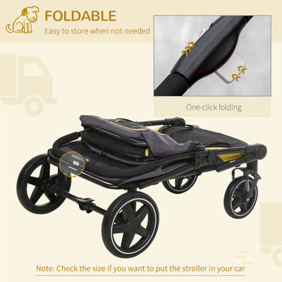 PawHut One-Click Foldable Pet Travel Stroller with Rain Cover, Cat Dog Pushchair with Universal Front Wheels, Shock Absorber, Storage Bags, Mesh Window, Safety Leash for Large and Medium Dogs (Grey) 
