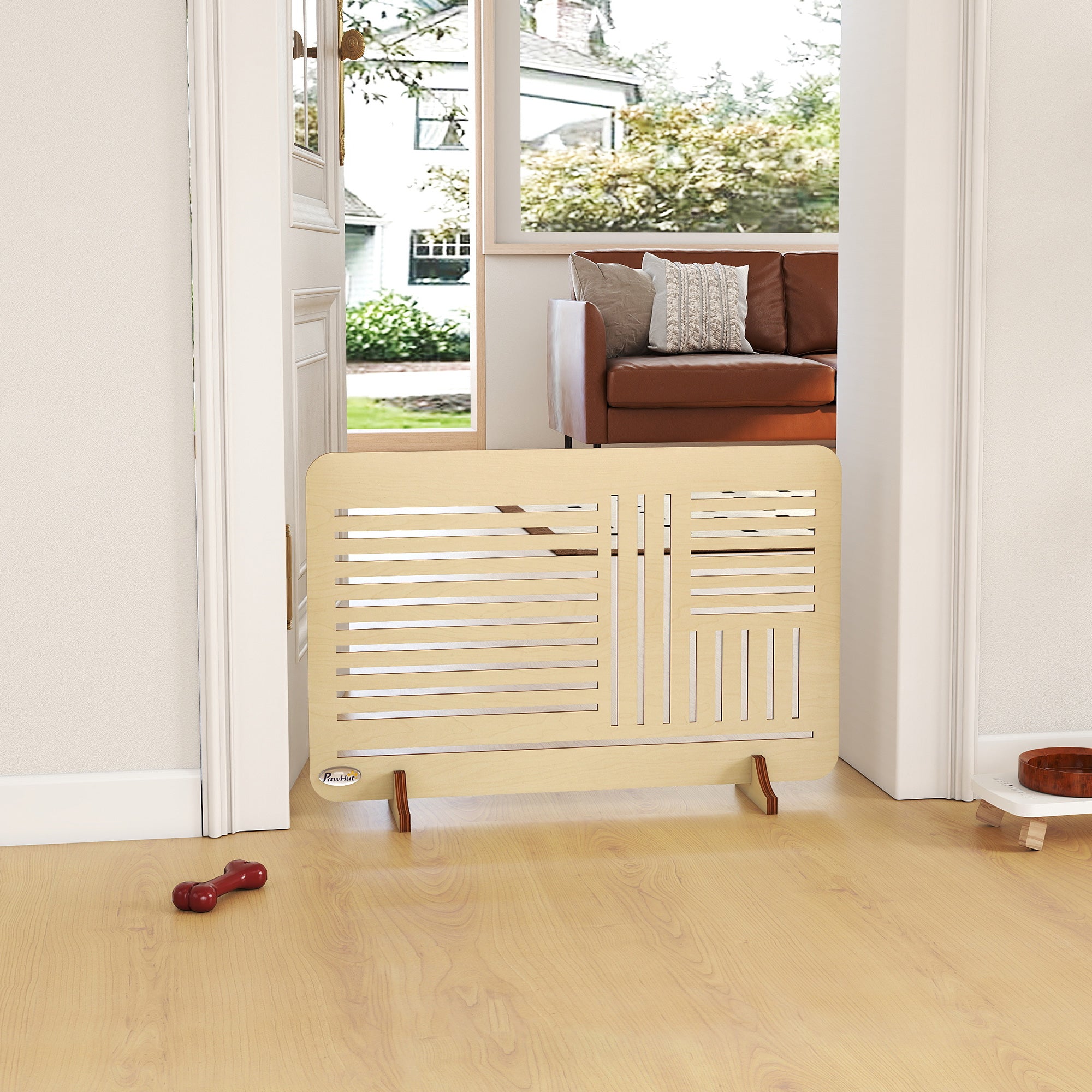 PawHut Freestanding Pet Gate, Portable Dog Barrier Gate with Feet for Small Breeds, 75 x 51 cm, Natural Wood 