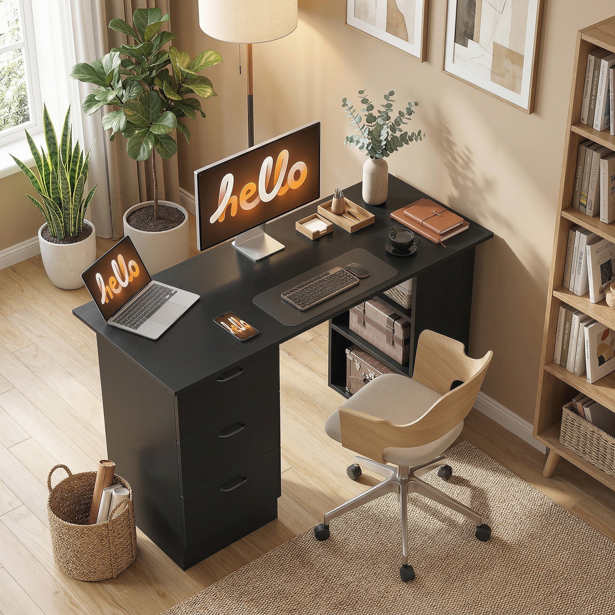 HOMCOM Computer Desk, Writing Table, PC Workstation with 3 Storage Shelves and Drawers, Handle, for Home Office, Black 