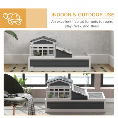 PawHut Tortoise House 3-Room with 2 Stories, Ladder, Balcony, Tray, Openable Roof, 59H x 112L x 65Wcm, Grey 
