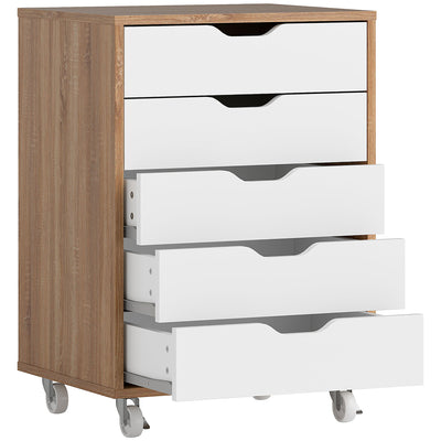 Vinsetto Five-Drawer Filing Cabinet, with Wheels - Oak Brown 
