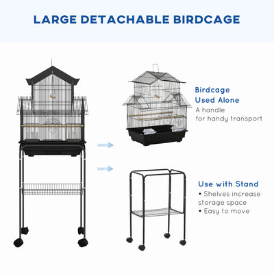 PawHut Metal Bird Cage with Plastic Swing, Perch, Food Container, Tray, Handle, for Finches, Canaries, Budgies, 43.5 x 33 x 121 