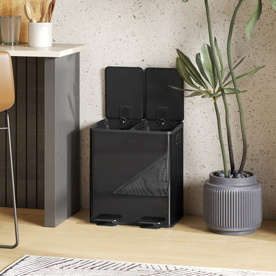 HOMCOM 40L Dual Compartment Stainless Steel Bin, with Deodoriser Holders - Glossy Black 