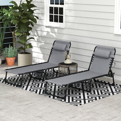 Outsunny Portable Sun Lounger Set of 2, Folding Camping Bed Cot, Reclining Lounge Chair 5-position Adjustable Backrest with Side Pocket, Pillow for Patio Garden Beach Pool, Grey 