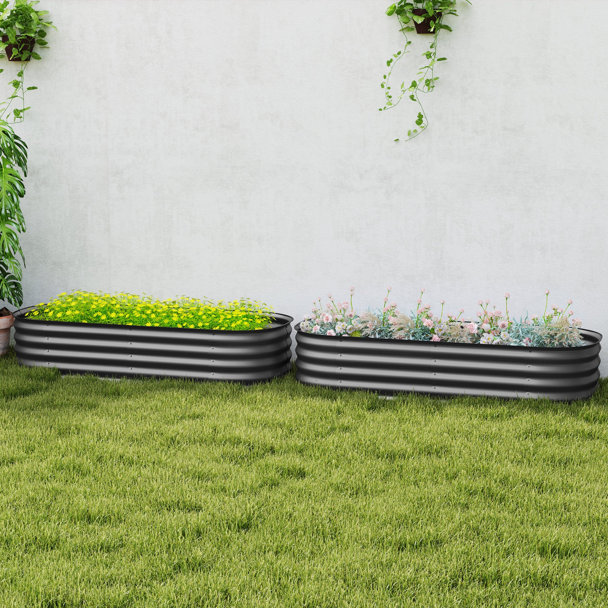 Outsunny Galvanised Raised Garden Bed, Metal Planter Box with Safety Edging, for Flowers, Herbs, Succulents, Pack of 2, Dark Grey