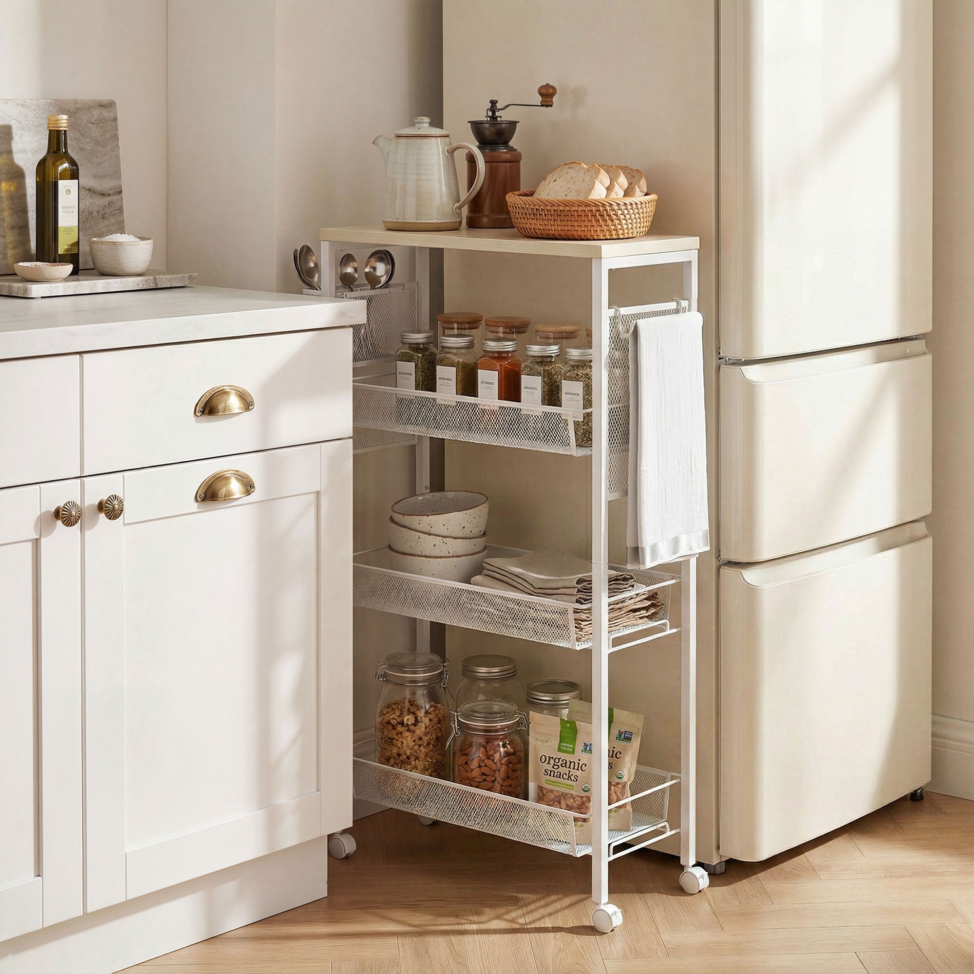 HOMCOM 3-Tier Kitchen Cart with 3 Steel Wire Baskets - White 