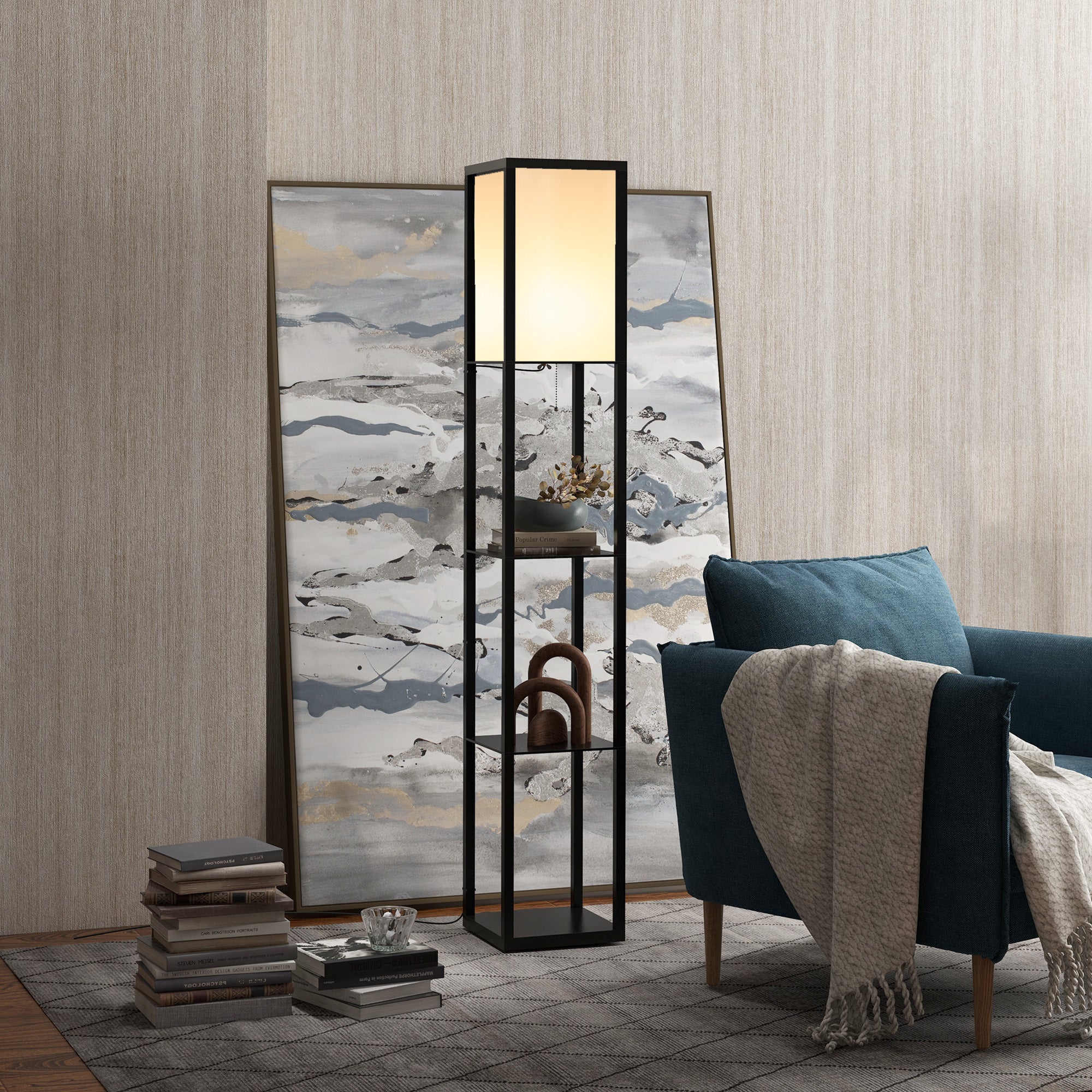HOMCOM 3-Tier Floor Lamp, Floor Light with Storage Shelf, Reading Standing Lamp for Living Room, Bedroom, Kitchen, Dining Room, Office, Dorm, 160cm, Black 