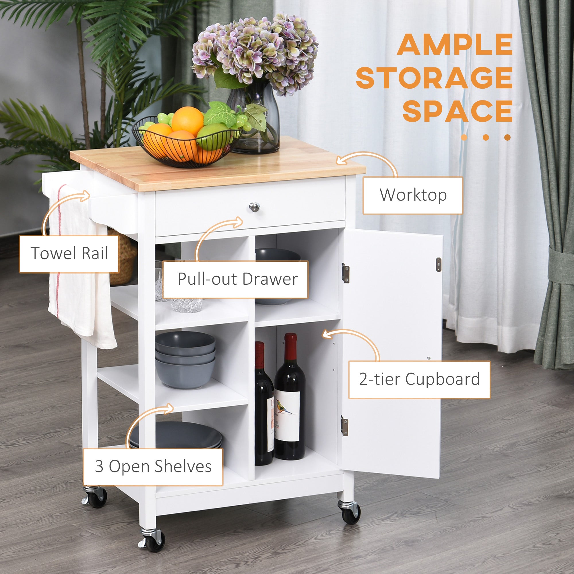 HOMCOM Kitchen Trolley, Kitchen Island on Wheels, w/ Wood Top, 3 Shelves and Storage Cupboard, White 