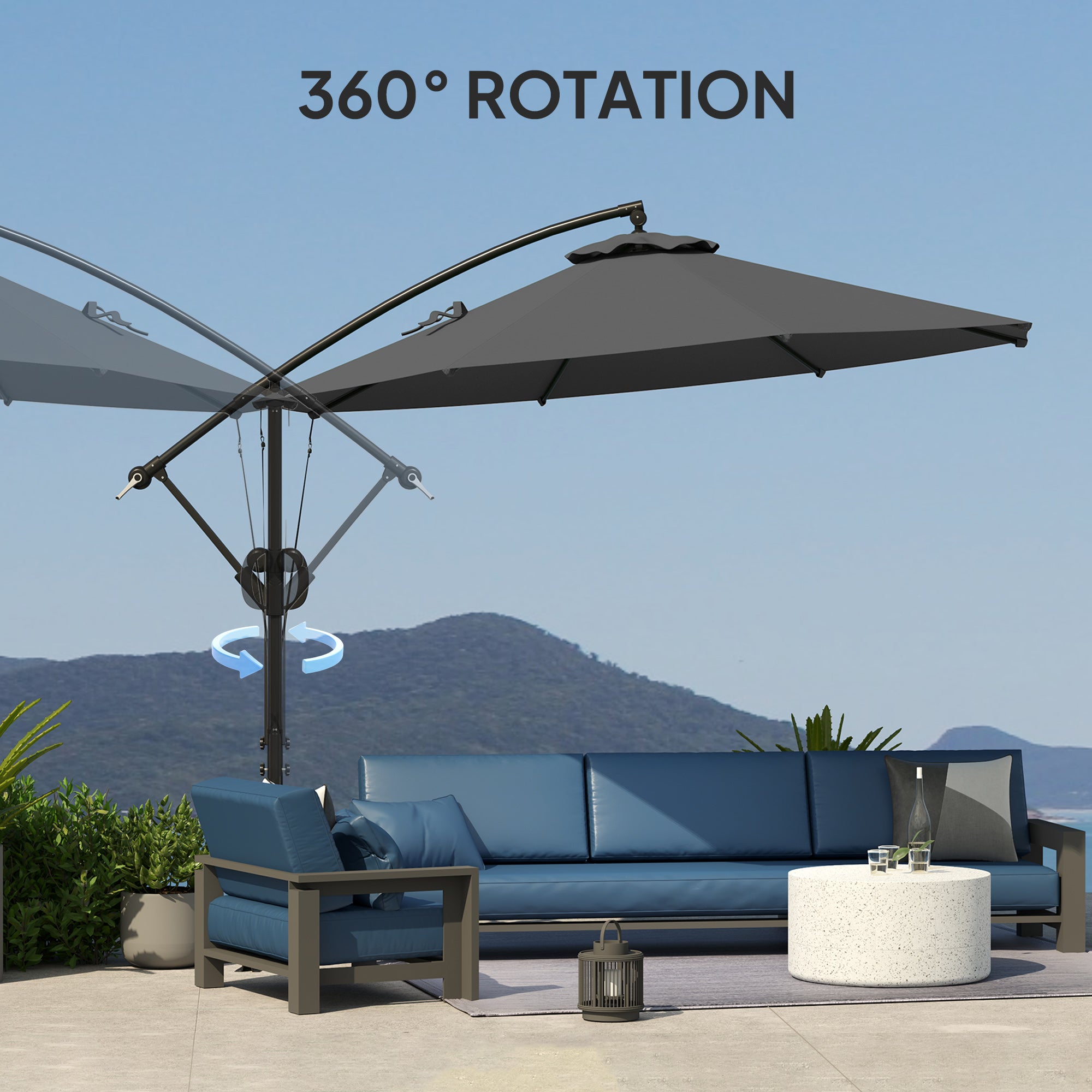 Outsunny 3(m) Garden Cantilever Parasol with Cover and Wind Protection Strap, Round Overhanging Umbrella with Crank Handle and Tilt, Banana Patio Umbrella for Outdoor Sun Shade, UPF50+, Grey 