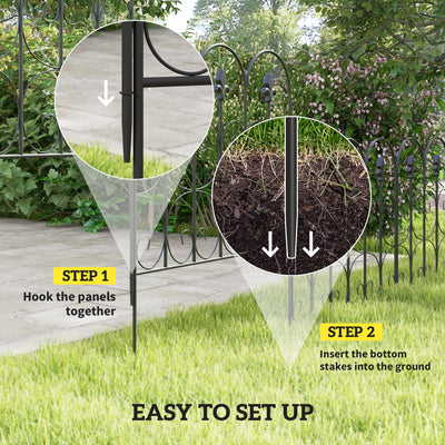 Outsunny Decorative Garden Fencing, 5PCs Outdoor Picket Fence Panels, Rustproof Metal Wire Landscape Flower Bed Border Edging Animal Barrier, Black 